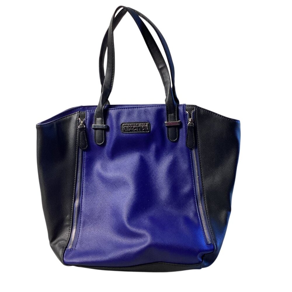 Kenneth Cole Reaction: Black & Blue Color block Tote Bag, 2 Decorative Zippers